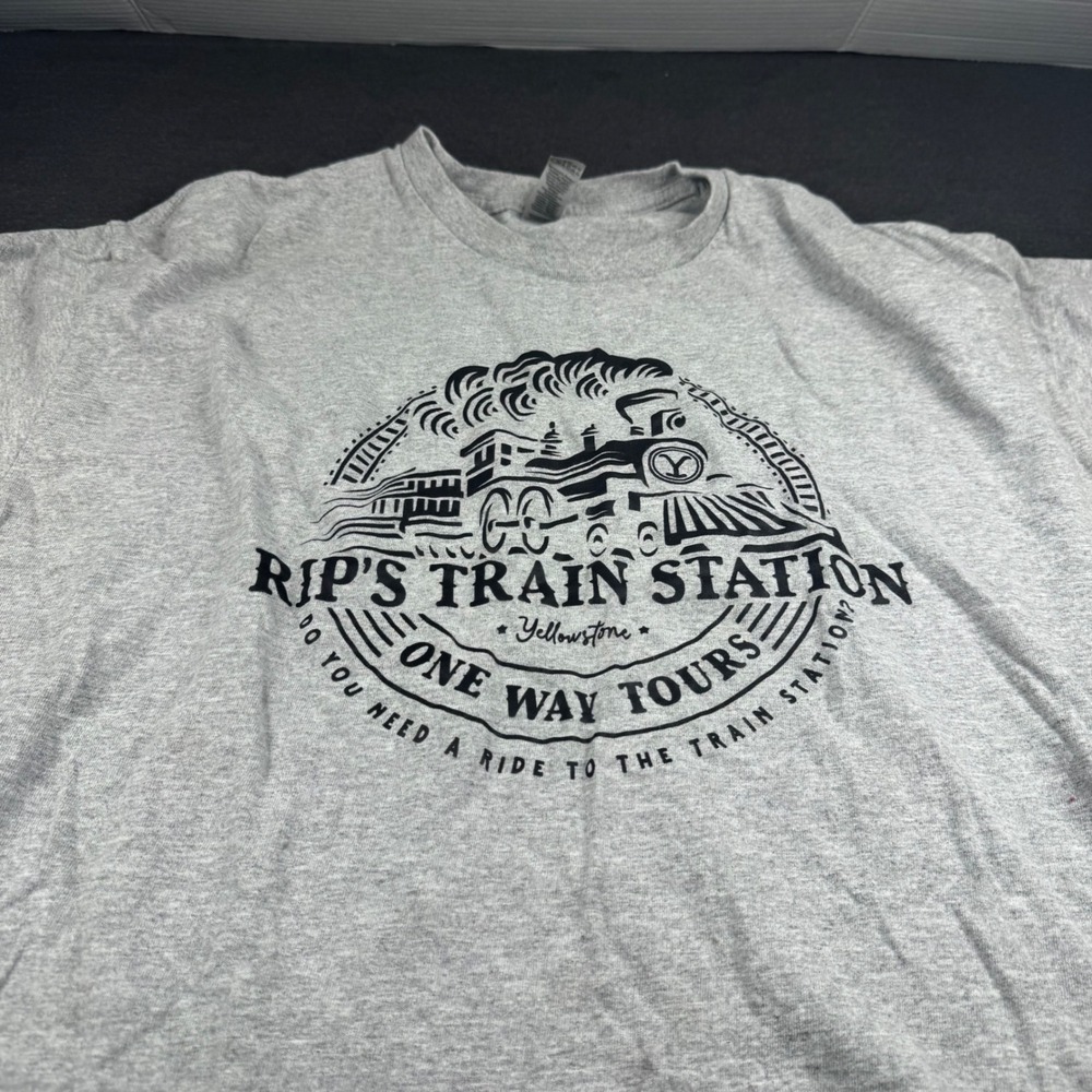 Mens XL Gray Rip's Train Station Yellowstone One Way Tours Graphic T Shirt - Picture 2 of 8